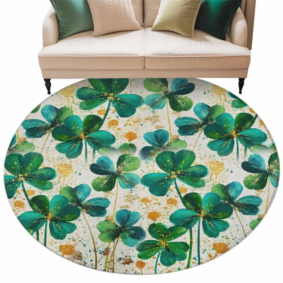 St. Patrick's Day Washable Area Rug 5 ft Oil-Painting Spring Blue Green Gold Lucky Shamrocks Soft Round Rugs for Living Room, Non Slip Carpet for Bedroom Entryway Dining Room