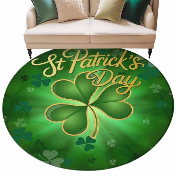 St. Patrick's Day Washable Area Rug&nbsp;5 ft Spring Shiny Green Gold Lucky Shamrocks Plant Green Soft Round&nbsp;Rugs for Living Room, Non Slip Carpet for Bedroom&nbsp;Entryway Dining Room