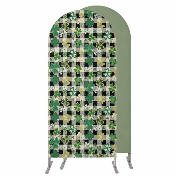 St Patrick's Day Wedding Arch Cover,Stretchy Spandex Arch Backdrop Stand Covers 5 FT,Lucky Shamrocks Farmhouse Retro Check Round Top Arched Backdrop Cover for Birthday Party Ceremony Baby Shower
