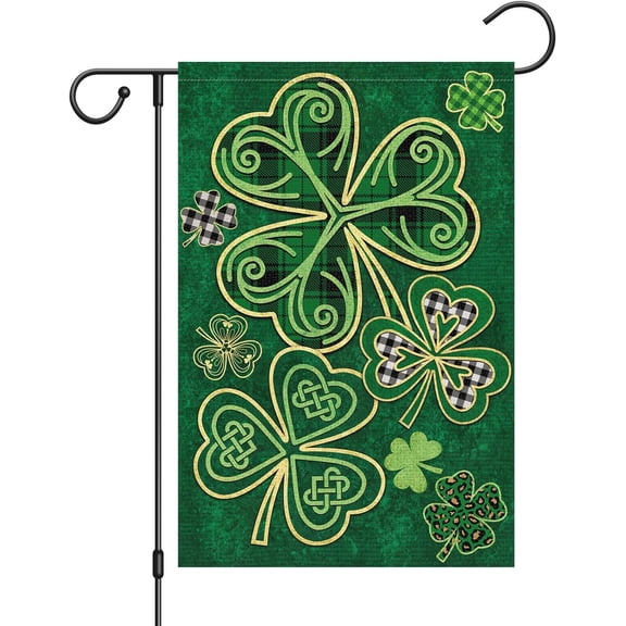 St. Patrick's Day Welcome Garden Flag 12x18 Double Sided Vertical Burlap Buffalo Plaid Lucky Shamrock Clover Spring Outdoor Decor