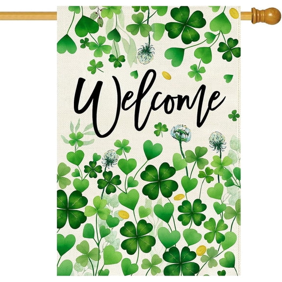 St.Patrick''s Day Welcome House Flag 28x40 Inch Double Sided,Green Shamrock Clover Large Garden Flag Holiday Porch Patio Farmhouse Outdoor Outside Decoration