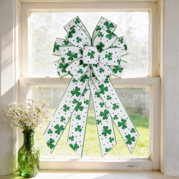 St. Patrick's Day White Green Decorative Bow, Shamrock Ribbon Wreath Topper for Front Door Wall Indoor Outdoor Holiday Party Decor