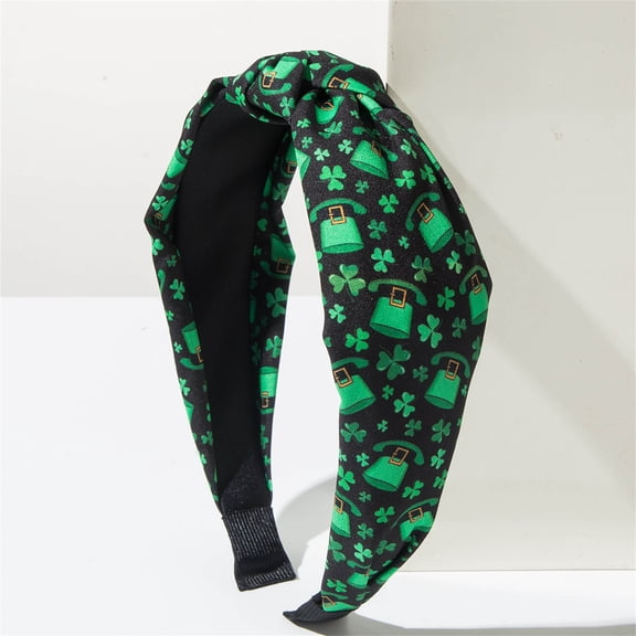 St. Patrick's Day Wide Clover Fabric Headband with Shamrock Print Knot Design for Everyday Wear and Themed Events C