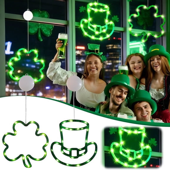St. Patrick's Day Window Lights, Battery-Powered LED Shamrock and Leprechaun Hat Indoor Decor for Irish Holiday Home Party, Clover, 20*20cm