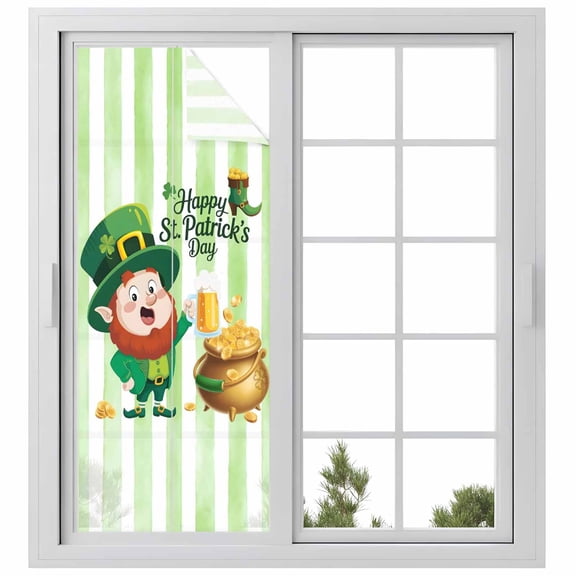 St. Patrick's Day Window Privacy Film, Green Gnomes Gold Coin Beer Shamrock Stripes Static Cling UV Sun Blocking Heat Control Window Tint Day and Night, Non-Adhesive One Way Privacy Cover 23.6''x59''