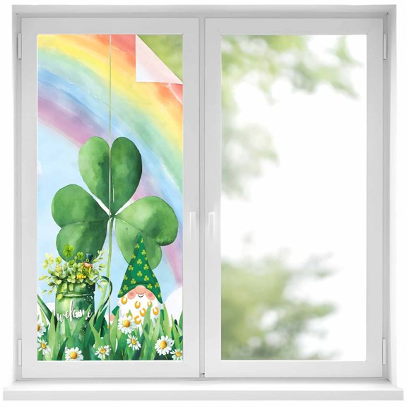 St Patrick's Day Window Privacy Film, Green Gnomes Shamrock Cloud Plants Rainbow Static Cling UV Sun Blocking Heat Control Window Tint Day and Night, Non-Adhesive One Way Privacy Cover 17.7''x39.3''