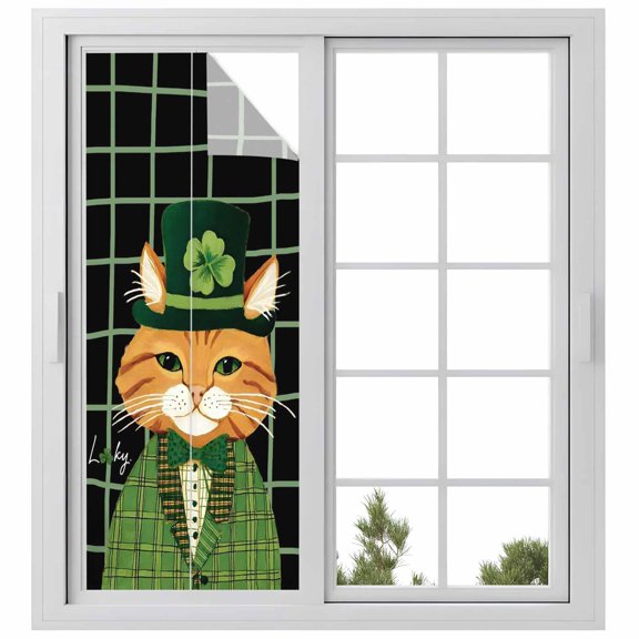 St. Patrick's Day Window Privacy Film, Green Kitten Cats Lucky Shamrock Black Plaid Static Cling UV Sun Blocking Heat Control Window Tint Day and Night, Non-Adhesive One Way Privacy Cover 23.6''x59''