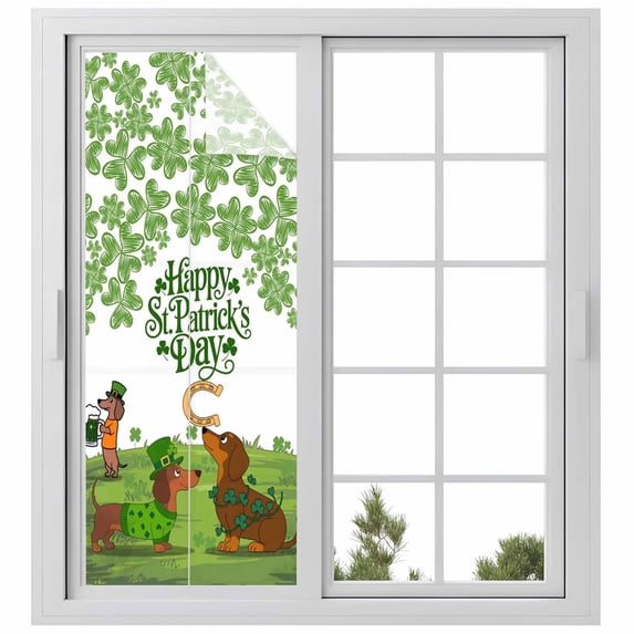 St. Patrick's Day Window Privacy Film, Green Lucky Clovers Dog Static Cling UV Sun Blocking Heat Control Window Tint Day and Night, Non-Adhesive Reusable One Way Windows Privacy Cover 23.6''x59''