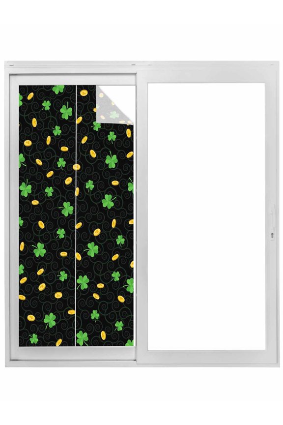 St. Patrick's Day Window Privacy Film, Green Shamrock Gold Coin Minimalist Black Static Cling UV Sun Blocking Tint Film Heat Control Windows Films for Bedroom Bathroom, Window Stickers 17.7"x39.3"