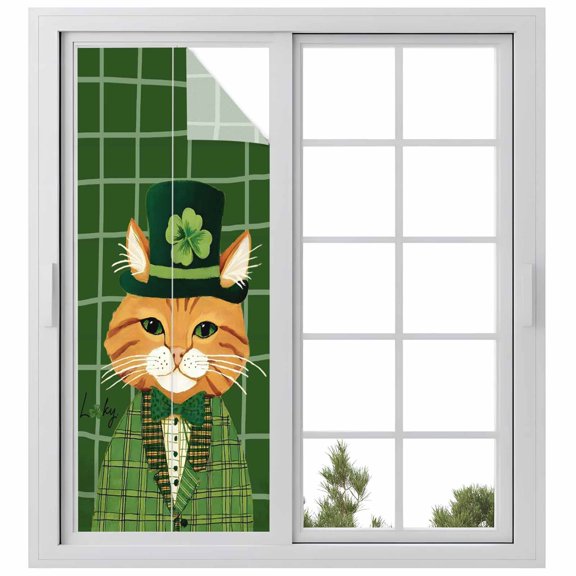 St. Patrick's Day Window Privacy Film, Green Shamrock Kitten Cats Hat Buffalo Plaid Static Cling UV Sun Blocking Heat Control Window Tint Day and Night, Non-Adhesive One Way Privacy Cover 23.6''x59''