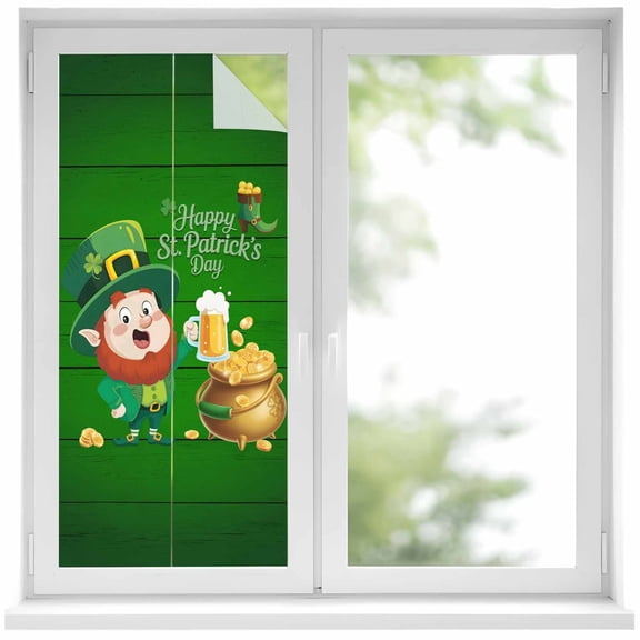 St. Patrick's Day Window Privacy Film, Lucky Shamrock Gnomes Beer Coin Wood Green Static Cling UV Sun Blocking Heat Control Window Tint Day and Night, Non-Adhesive One Way Privacy Cover 19.6''x39.3''