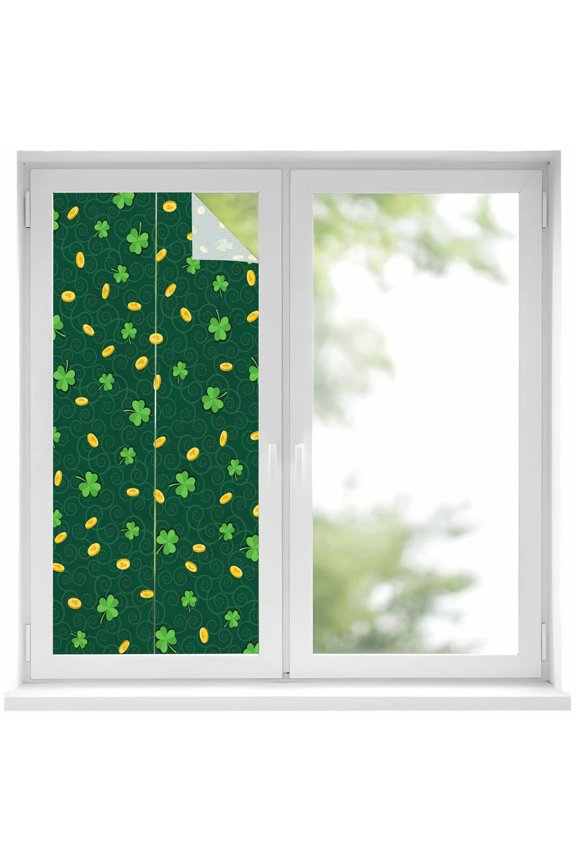 St. Patrick's Day Window Privacy Film, Lucky Shamrock Gold Coin Minimalist Green Static Cling UV Sun Blocking Heat Control Window Tint Day and Night, Non-Adhesive One Way Privacy Cover 17.7''x39.3''