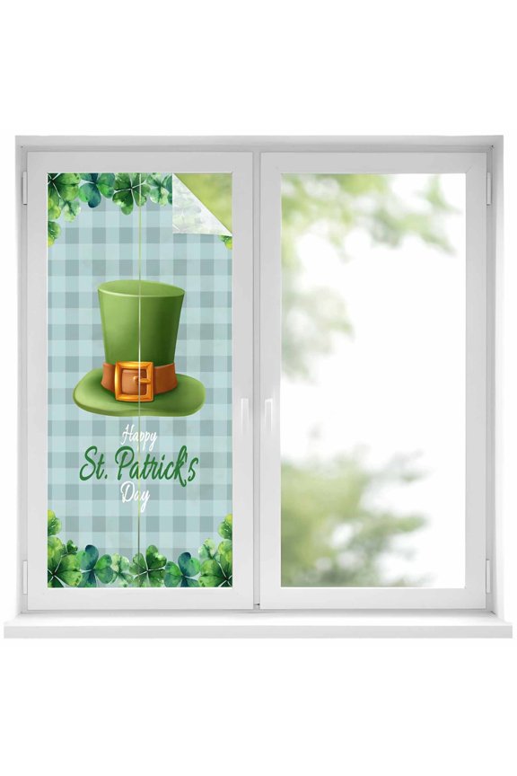St. Patrick's Day Window Privacy Film, Spring Coin Green Clovers Blue Lattice Static Cling UV Sun Blocking Heat Control Window Tint Day and Night, Non-Adhesive One Way Privacy Cover 19.6''x39.3''