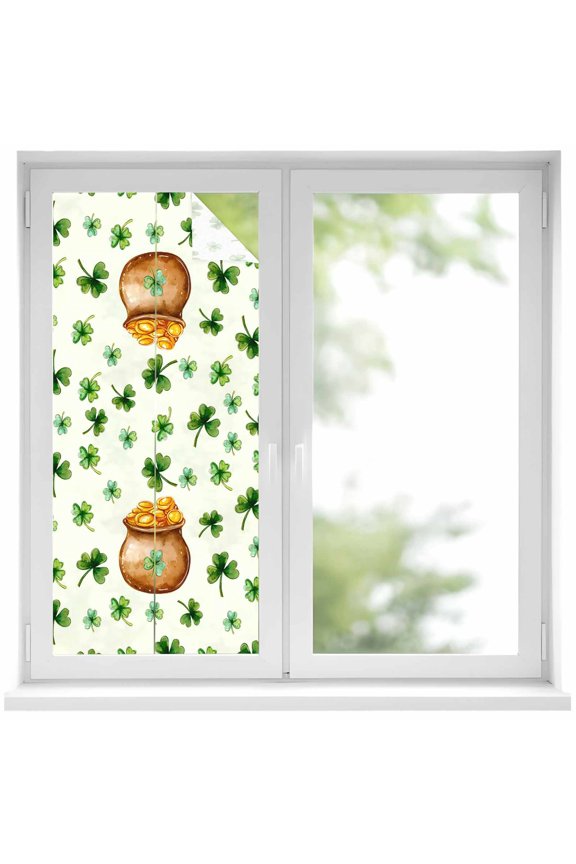 St. Patrick's Day Window Privacy Film, Spring Gold Coin Botanical Clovers Leaves Static Cling UV Sun Blocking Heat Control Window Tint Day and Night, Non-Adhesive One Way Privacy Cover 17.7''x39.3''
