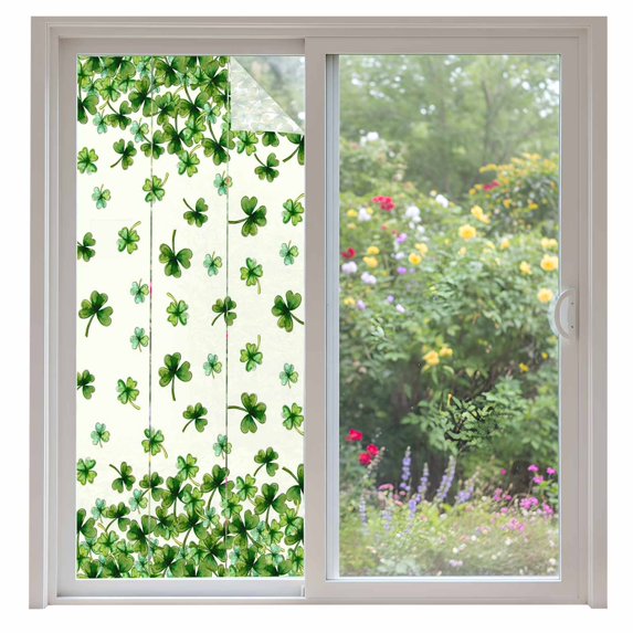 St. Patrick's Day Window Privacy Film, Spring Green Botanical Lucky Clovers Static Cling UV Sun Blocking Heat Control Window Tint Day and Night, Non-Adhesive One Way Privacy Cover 35.4''x78.7''