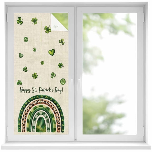 St Patrick's Day Window Privacy Film, Spring Lucky Shamrock Rainbow Beige Static Cling UV Sun Blocking Heat Control Window Tint Day and Night, Non-Adhesive One Way Windows Privacy Cover 17.7''x39.3''