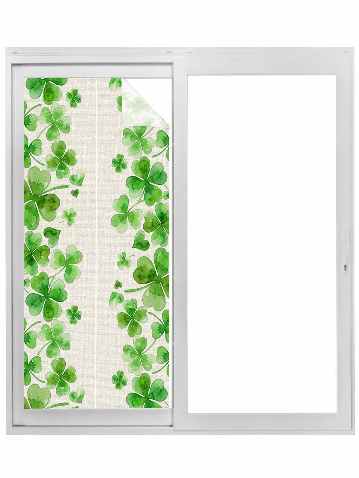 St. Patrick's Day Window Privacy Film, Watercolor Lucky Clovers Green Rustic Static Cling UV Sun Blocking Tint Film Heat Control Windows Films for Bedroom Bathroom, Window Stickers 23.6"x59"