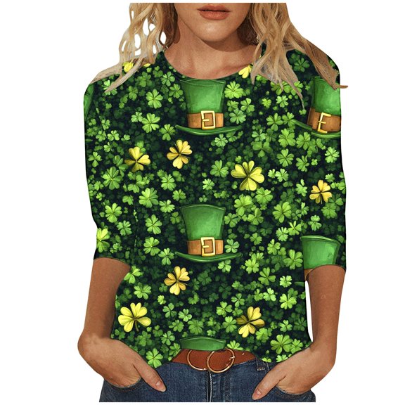 St. Patrick's Day Women Shirts 3/4 Sleeve Blouses Casual Four-leaf Clover Tunic Tops Fashion Outfi