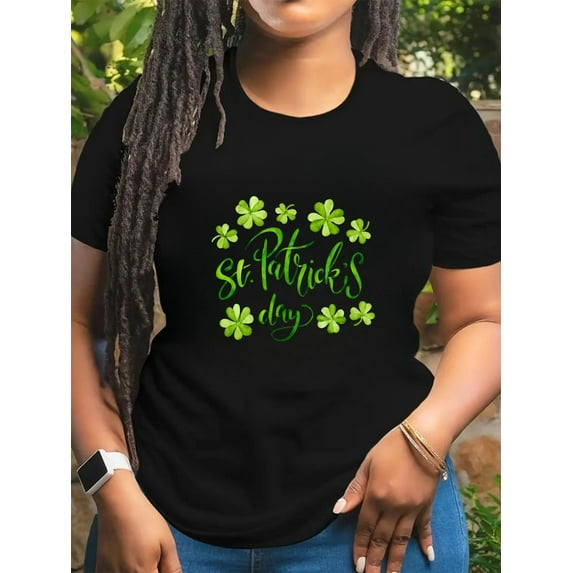 St. Patrick's Day Women's Casual T-Shirt - Festive Clover & Letter Print, Short Sleeve, Round Neck