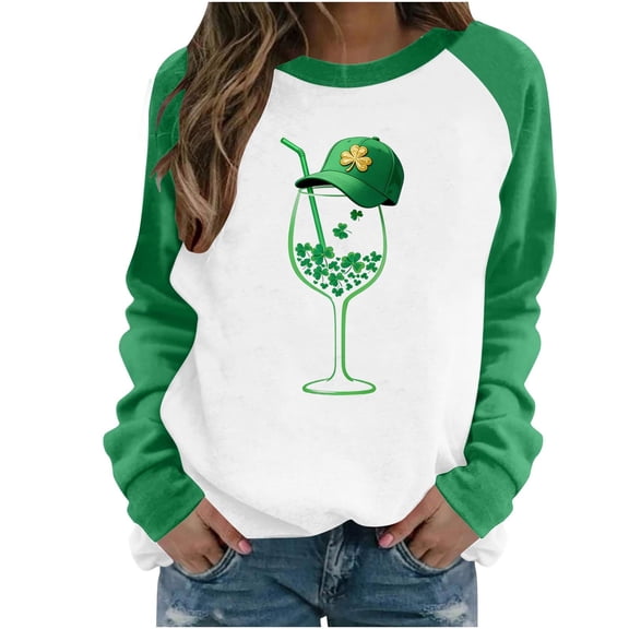 St. Patrick's Day Women's Raglan Sleeve Bow & Clover Print Crew Neck Casual Sweatshirt (Spring & Summer Wear)