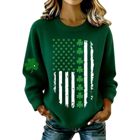St. Patrick's Day Women's Waffle Knit Hoodie, Shamrock Print Long Sleeve Pullover, Green Clover Sweatshirt with Drawstring & Front Pocket, S-XXL