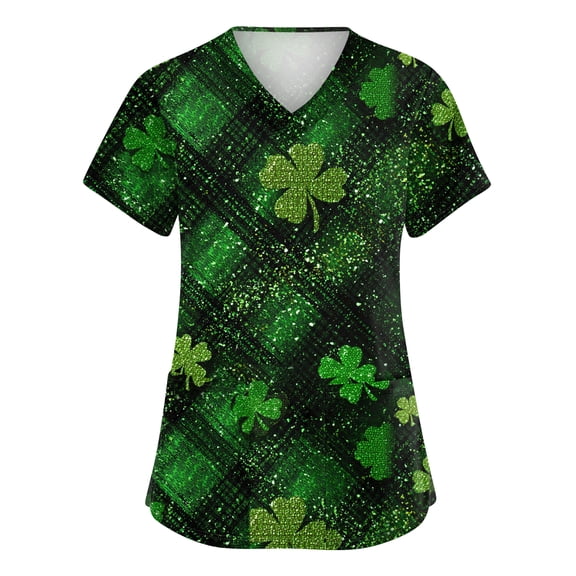 St. Patrick's Day Womens Scrub Top Irish Lucky Clover V Neck Nurse Working Uniforms Short Sleeve Soft Stretch Festival Scrub Shirts