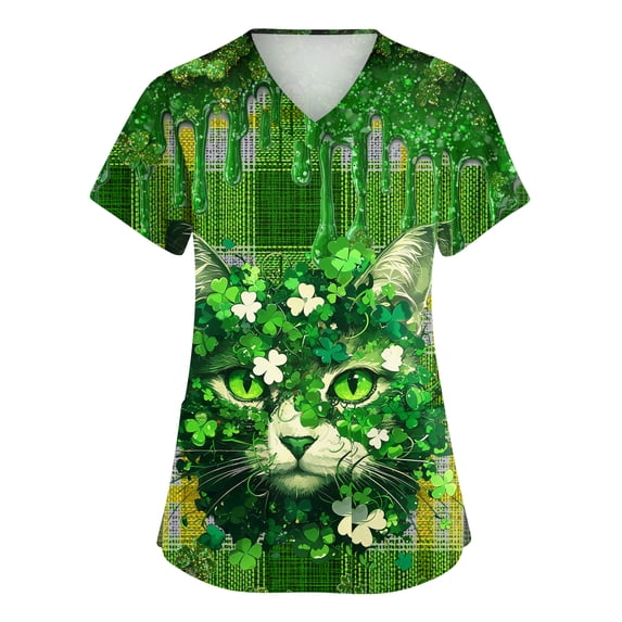 St. Patrick's Day Womens Scrub Top Irish Lucky Clover V Neck Nurse Working Uniforms Summer Short Sleeve Festival Scrub Shirts
