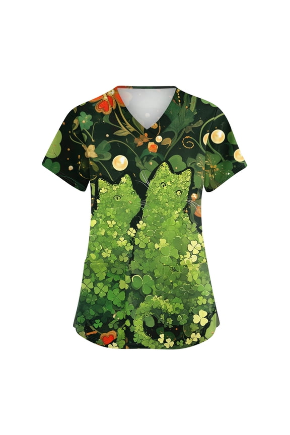 St. Patrick's Day Womens Scrub Top Irish Shamrock Printed Short Sleeve Medical Nurse Workwear Stretchy V Neck Festival Scrub Shirts