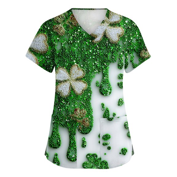 St. Patrick's Day Womens Scrub Top Irish Shamrock Printed Short Sleeve Nurse Working Uniforms Stretchy V Neck Festival Scrub Shirts