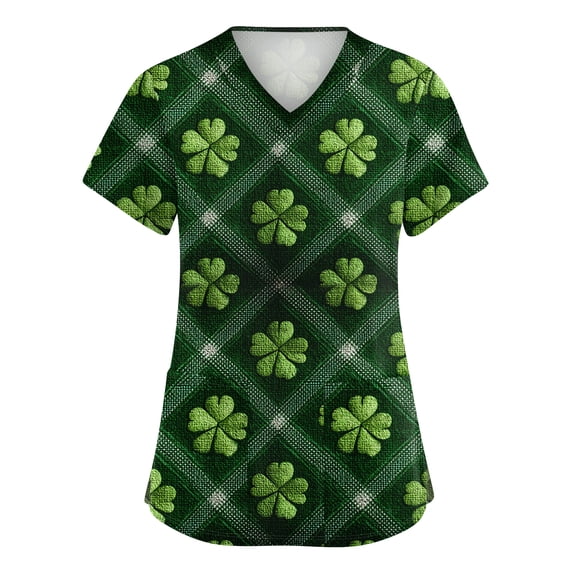 St. Patrick's Day Womens Scrub Top Irish Shamrock Printed V Neck Nurse Working Uniforms Short Sleeve Soft Stretch Holiday Blouse T-Shirt