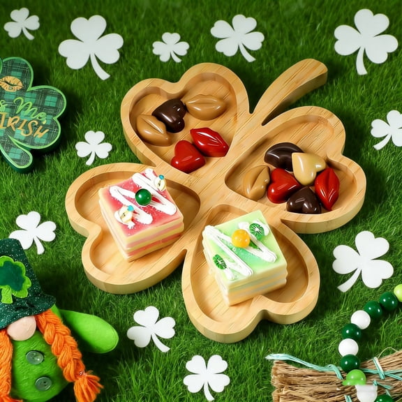 St. Patrick's Day Wooden Serving Tray, Four-Leaf Shaped Serving Platter, Shamrock-Shaped Charcuterie Board for Snack Dessert Dish Plate for Irish Holiday Gifts