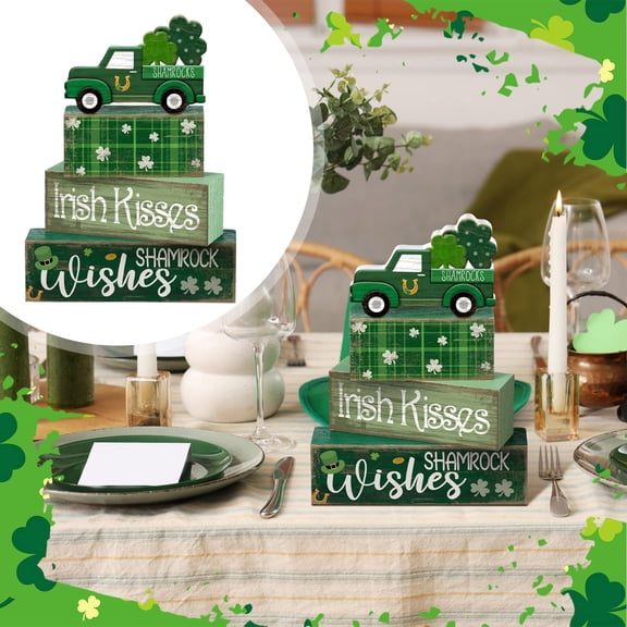 St. Patrick’s Day Wooden Tiered Tray Decor Set, 4-Piece Shamrock Truck Table Centerpiece, Irish Farmhouse St Patty’s Day Decorations, Rustic Wooden Blocks for Home Kitchen