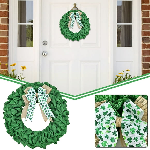 St Patrick's Day Wreath - 35x35cm Green Leprechaun Clover Ribbon Decor - Weather-Resistant Mesh Design for Glass Door Hanging - Includes 1 Wreath