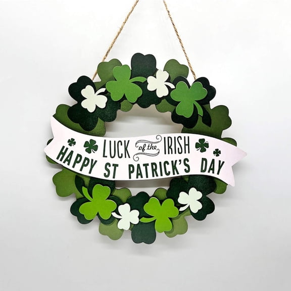 St Patricks Day Wreath, Artificial Green Shamrock Wreath for Front Door, Wooden Wall Hanging Clover Sign with 3D Design, Lucky Irish for Spring Holiday Decor