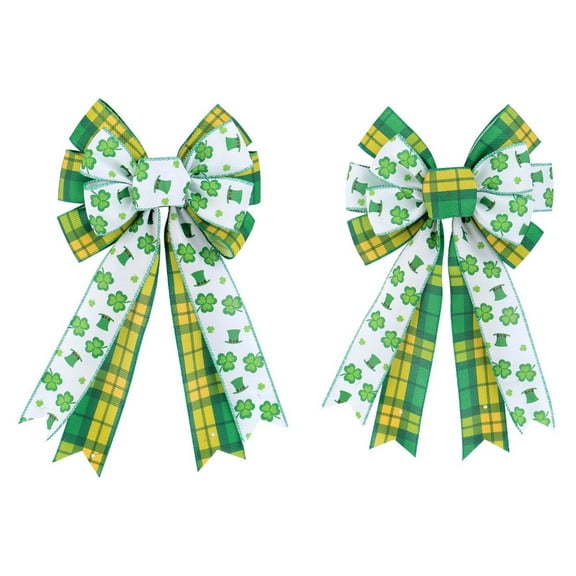 St. Patrick's Day Wreath Bows, Yellow Green Buffalo Plaid Bows for Wreath Green Glitter Shamrock Bow for Front Door Irish Holiday Hanging Yarn Wreath Bows for Outdoor Fence Party Decor