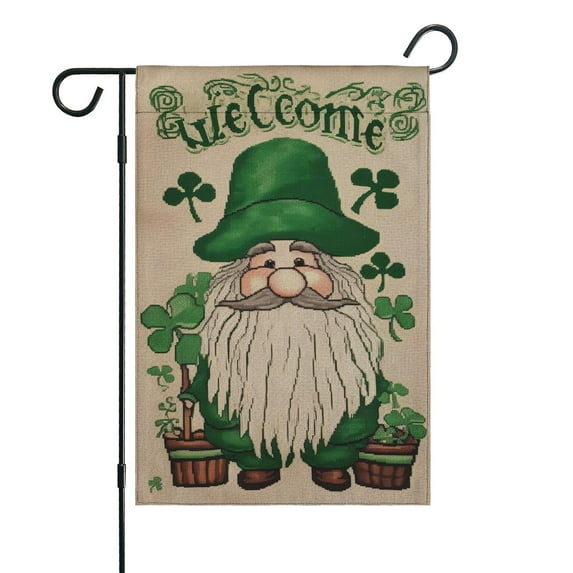 St.Patrick's Day Yard Flags Holiday Garden Flag Shamrock Clovers Gnome Green Farmhouse Holiday House Flag 12.5''×18'' Linen Vertical Double Sided Welcome Flag for Home,Farmhouse Outdoor Decor