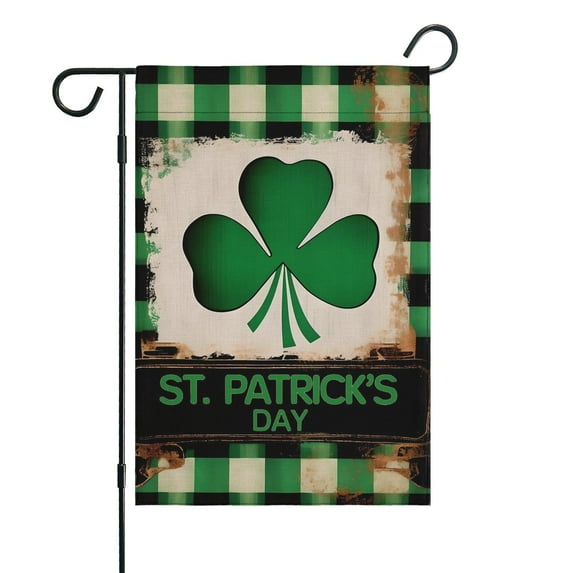 St. Patrick's Day Yard Flags Irish Outdoor Flag Green Clovers Shamrocks Buffalo Plaid Welcome Flag 12.5''×18'' Burlap Vertical Double Sided Outdoor Flags for Home,Holiday Outside Decor