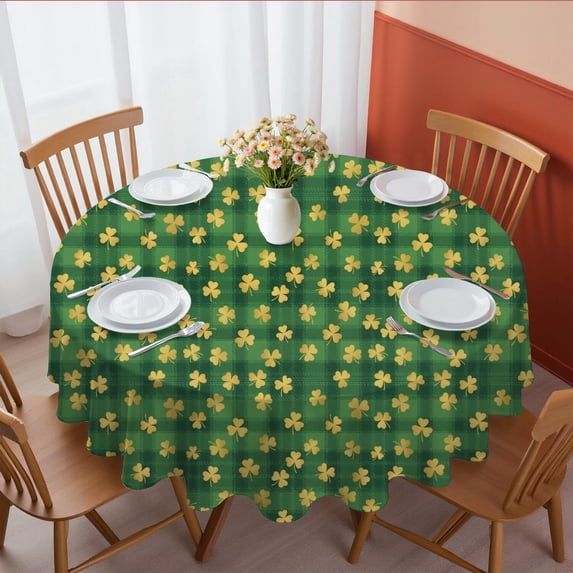 St. Patrick's Day and Clovers Green Plaid Pattern Round Tablecloth 60", Wrinkle-Resistant Wipeable Cover for Kitchen, Dining, Picnic & Patio