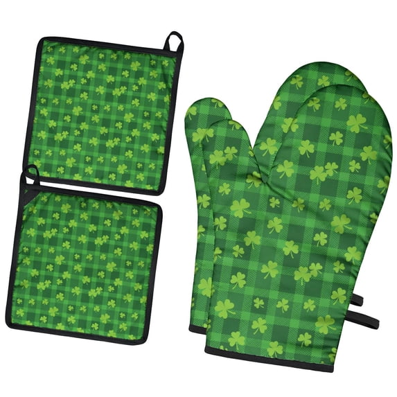 St. Patrick's Day and Gnomes Green Kitchen Oven Mitt and Pot Holder Set 2 Pcs, Heat Resistant Up To 392 °F, for Baking, Cooking and Grilling