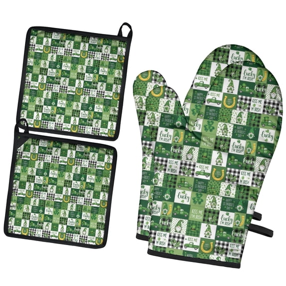 St. Patrick's Day and Gnomes Green Kitchen Oven Mitt and Pot Holder Set 2 Pcs, Heat Resistant Up To 392 °F, for Baking, Cooking and Grilling