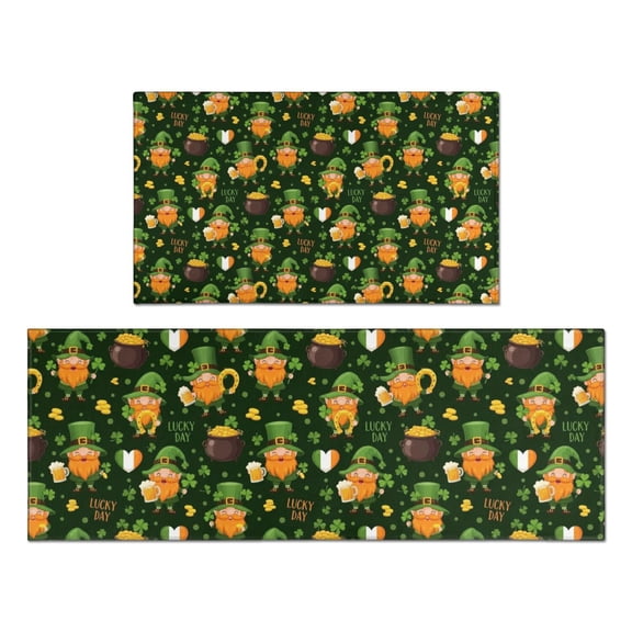 St. Patrick's Day and Hearts Kitchen Rugs Set Of 2 (L-Shape), 17"X30"+17"X47" Anti-Fatigue, Non-Slip Washable for Kitchen