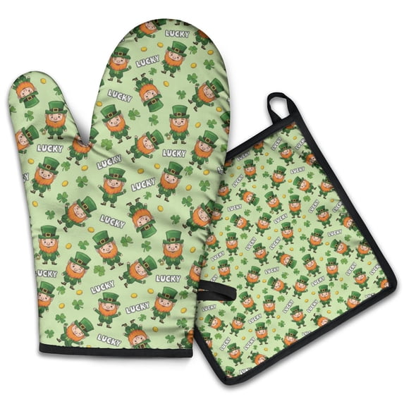 St. Patrick's Day and Lucky Text Kitchen Oven Mitt and Pot Holder Set 2 Pcs, Heat Resistant Up To 392 °F, for Baking, Cooking and Grilling