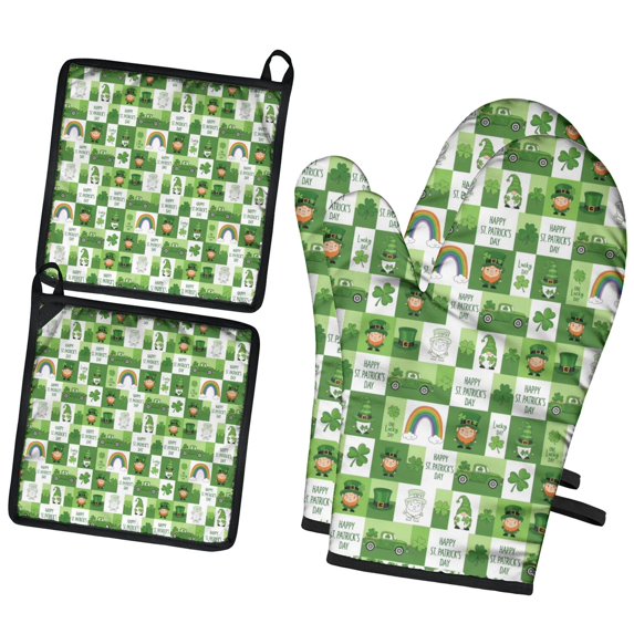 St. Patrick's Day and Rainbows Green Kitchen Oven Mitt and Pot Holder Set 2 Pcs, Heat Resistant Up To 392 °F, for Baking, Cooking and Grilling