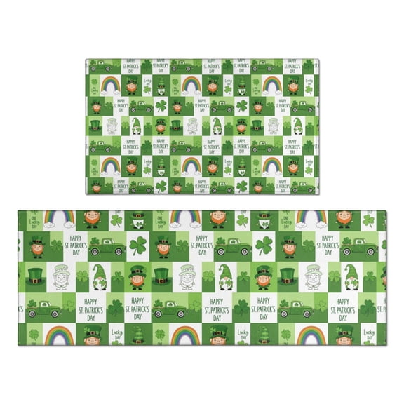 St. Patrick's Day and Rainbows Green Kitchen Rugs Set Of 2 (L-Shape), 17"X30"+17"X47" Anti-Fatigue, Non-Slip Washable for Kitchen