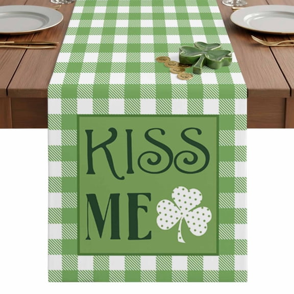 St. Patrick's Day lucky Shamrock Green Plaid Table Runner 13 x 36 Inch, Washable Cotton Linen Dining Table Runner Tabletop Decorations for Restaurant Home Kitchen Party