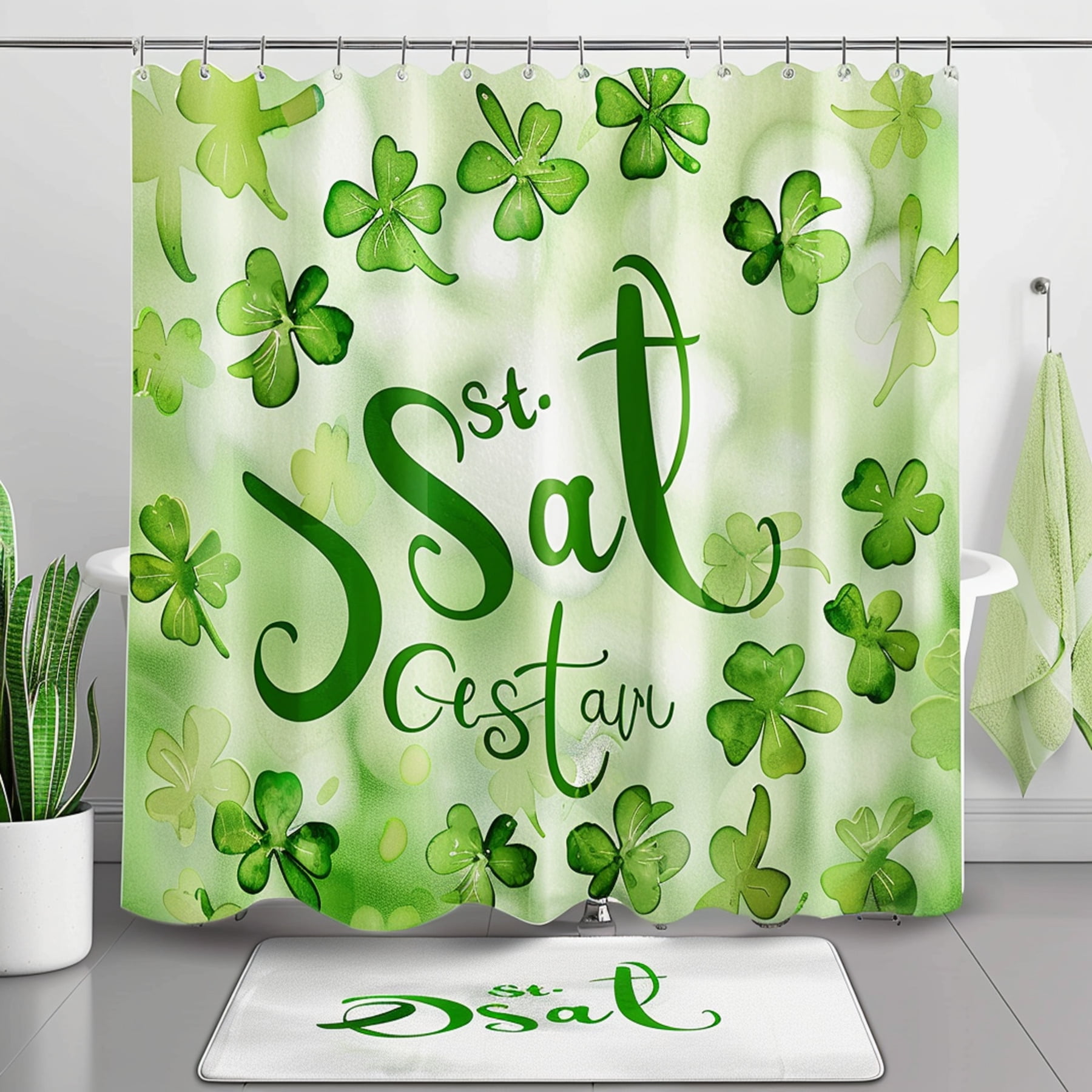 St Patrick's Day themed shower curtain with shamrocks and cursive text