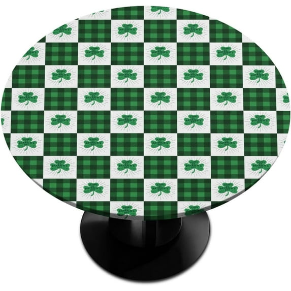 St. Patrick''s Decor Round Fitted Tablecloth Green Clover Grid Small Round Table Cover with Elastic Edge Wipeable Holiday Circle Table Cloths for Party Patio Kitchen Decor Fit for 40"-44" Table