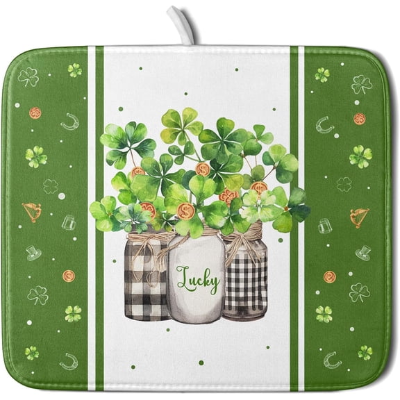 St. Patrick's Dish Drying Mat 16x18 in, Lucky Green Clover Shamrock Absorbent Microfiber Reversible Dishes Drying Pad Washable Drainer Rack Mats for Kitchen Counter Plate Tableware