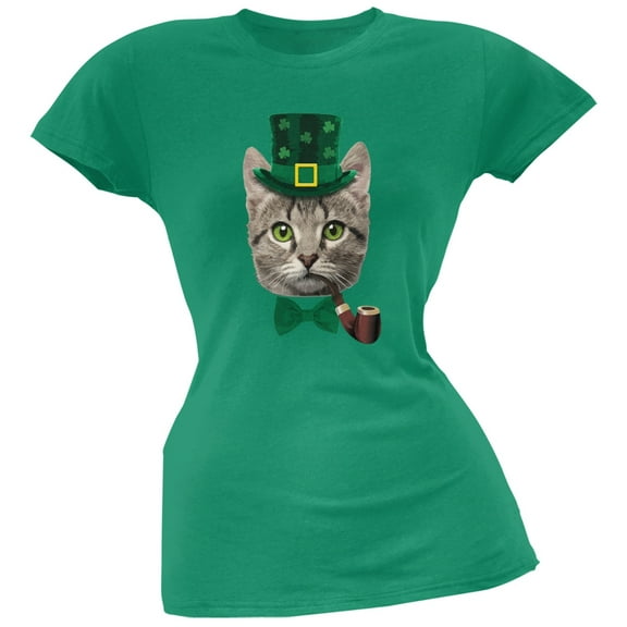 St. Patrick's Funny Cat Kelly Green Juniors Soft T-Shirt - Small
