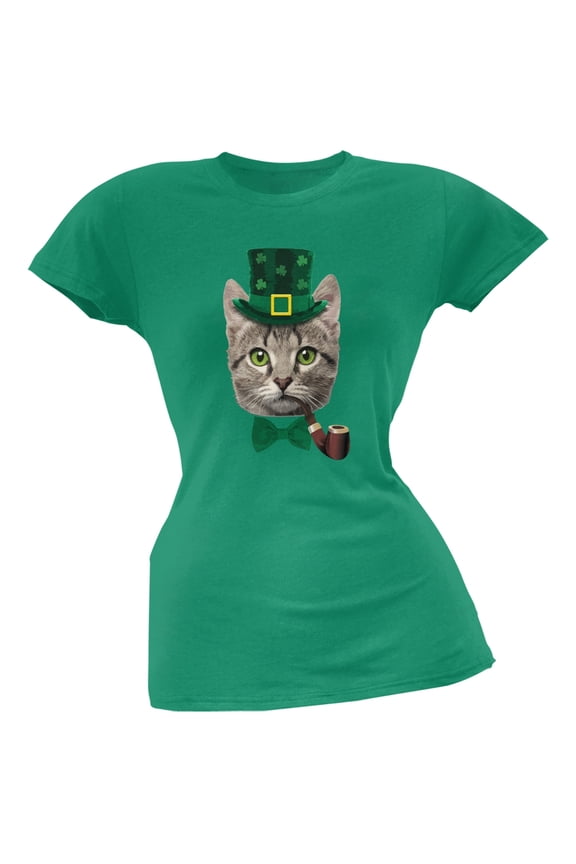 St. Patrick's Funny Cat Kelly Green Juniors Soft T-Shirt - Small